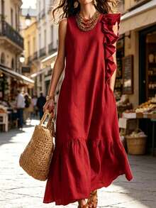 Vestido sin mangas informal de color liso con volantes irregulares para mujer - Rojo - Ver 4