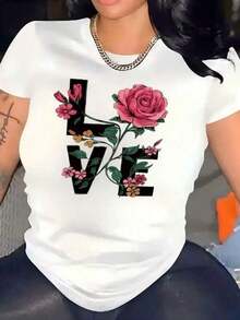 Camisetas Casuales para Mujer, Camiseta de Mujer con Rosas y Letras de Amor - Blusa Casual de Manga Corta con Cuello Redondo y Estampado de Rosas y Letras, Top de Primavera Verano para Citas Románticas, Estilo Y2K, Camisetas de Moda de Verano, Conjuntos y Tops Casuales de Streetwear. - Blanco - Ver 6