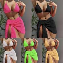 Nuevo conjunto de traje de baño de tres piezas sin espalda con cordones, bikini estilo ins. - Negro - Ver 2