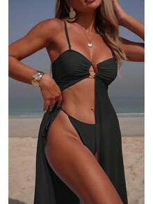 Bikini Sexy de 2 Piezas para Mujer con Vestido Largo de Malla con Abertura, Diseño Halter y Color Sólido – 2026 - Traje blanco 9348 - Ver 7