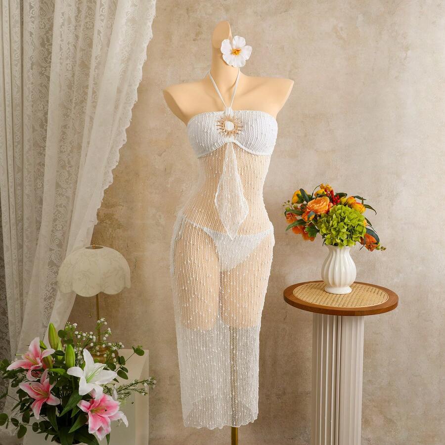 Nuevo Conjunto de Dos Piezas para Vacaciones en la Playa 2026: Vestido Largo y Bikini Sexy con Lentejuelas y Tirantes - 9404 Blanco - Ver 1