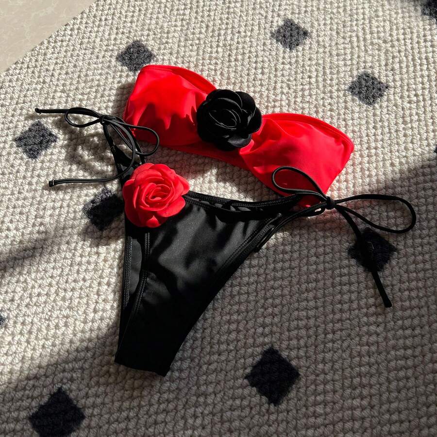 Two-Tone Pink Strapless Bikini With Adjustable Drawstring And Tie Straps Bikini9149 - 紅色 - 查看 1