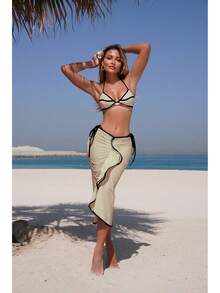 Nuevo traje de baño de tres piezas para mujer, de color sólido, moderno y sexy, con falda larga y estilo bikini. - 9333 Juego de tres piezas negro - Ver 10