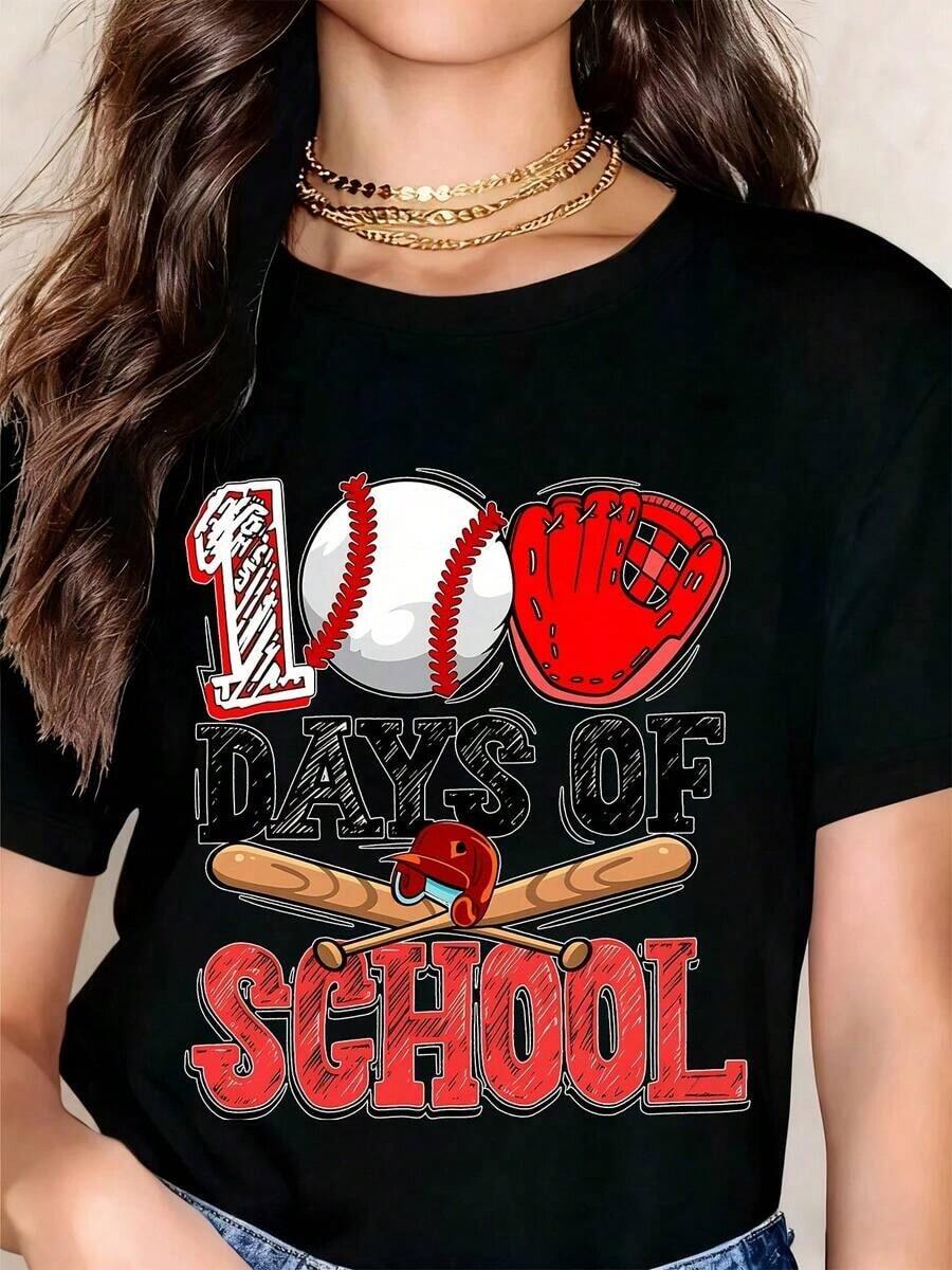 Camiseta Vintage para Mujer, Estampado Gráfico con Temática de Béisbol "100 Días de Escuela", Top Casual para Niñas y Mujeres, Camiseta Gráfica - Negro - Ver 1