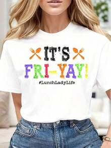 Camiseta Gráfica Vintage con Estampado 'Its Fri Yay Lunch Lady Life' para Mujer, Casual, Suave y Cómoda, Regalo para el Viernes Divertido y el Espíritu Escolar - Blanco - Ver 1