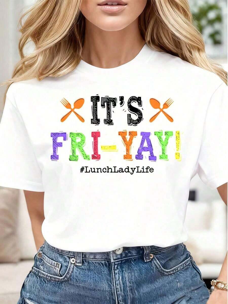 Camiseta Gráfica Vintage con Estampado 'Its Fri Yay Lunch Lady Life' para Mujer, Casual, Suave y Cómoda, Regalo para el Viernes Divertido y el Espíritu Escolar - Blanco - Ver 1