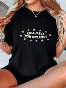 Camiseta de mujer, corte holgado casual, opciones en negro y blanco, estampado gráfico "Llámame si te pierdes", camisetas de verano, camisetas gráficas para mujer, conjuntos de verano, camisetas gráficas para mujer, tops cortos para mujer, tops vintage de algodón, ropa linda para mujer, playeras de mujer. - Negro - Ver 7