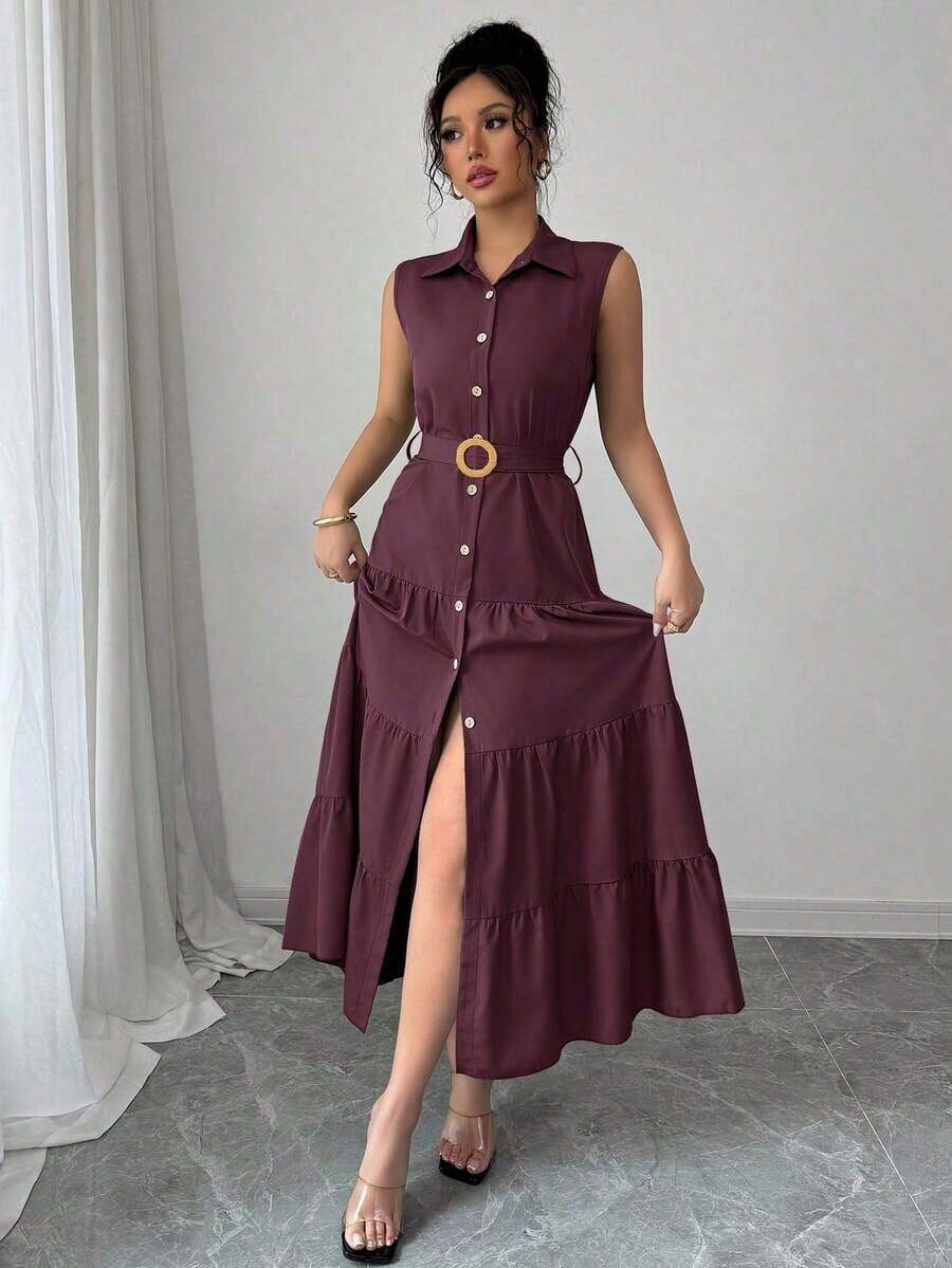 Women's Single-Breasted Sleeveless Shirt Dress With Ruffled Hem In Solid Color - Dark Gold - View 1