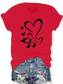 Talla Grande, Camiseta con Estampado de Letras, Manga Corta, Cuello Redondo, Top Casual, Ropa de Mujer - Rojo - Ver 6