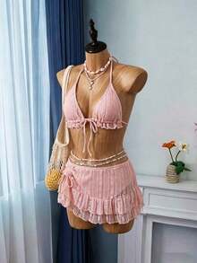 Conjunto de bikini y vestido de playa de tela de encaje color albaricoque dulce para mujer, vacaciones de verano - Rosa - Ver 3