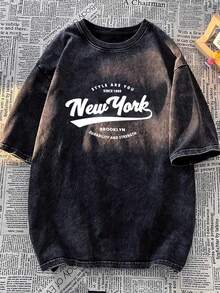 Camiseta casual vintage cómoda y lavada para mujer, camiseta de manga corta con cuello redondo,% algodón lavado y versátil para hombre, adecuada para uso diario y atuendos de, estilo unisex. - Negro - Ver 1