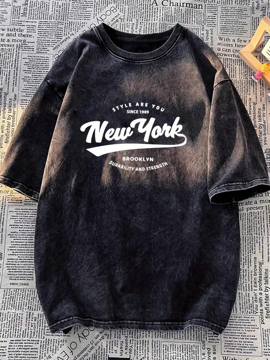 Camiseta casual vintage cómoda y lavada para mujer, camiseta de manga corta con cuello redondo,% algodón lavado y versátil para hombre, adecuada para uso diario y atuendos de, estilo unisex. - Negro - Ver 1