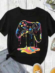 Stylish And Casual, Women's Short-Sleeved T-Shirt, Casual Summer T-Shirt With Colorful Game Controller Print, White T-Shirt For Outdoor Gaming Parties, Spring And Summer Clothing. - 黑色 - 查看 3