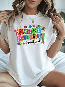 Elegante y casual para mujer, manga corta, camiseta con estampado gráfico colorido "La neurodiversidad es hermosa", ropa casual negra para mujer, primavera verano. - Blanco - Ver 8