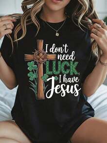Elegante y casual para mujer, manga corta, Camiseta de Mujer para el Día de San Patricio con Cruz y Trébol, No Necesito Suerte, Tengo a Jesús, Ropa Casual Blanca para Primavera Verano. - Negro - Ver 8
