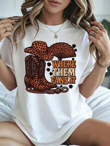 Elegant And Casual Short-Sleeved T-Shirt For Women, Cowboy T-Shirt With Hat And Boots Print Leopard Print For Halloween, With Fan And Rope Print, White T-Shirt For Women, Party Outfit For Autumn. - 白色 - 查看 8