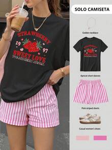 Shendy Vendy Blusa oversize con estampado de fresa y letras verano fresco amigos divertido - Negro - Ver 1