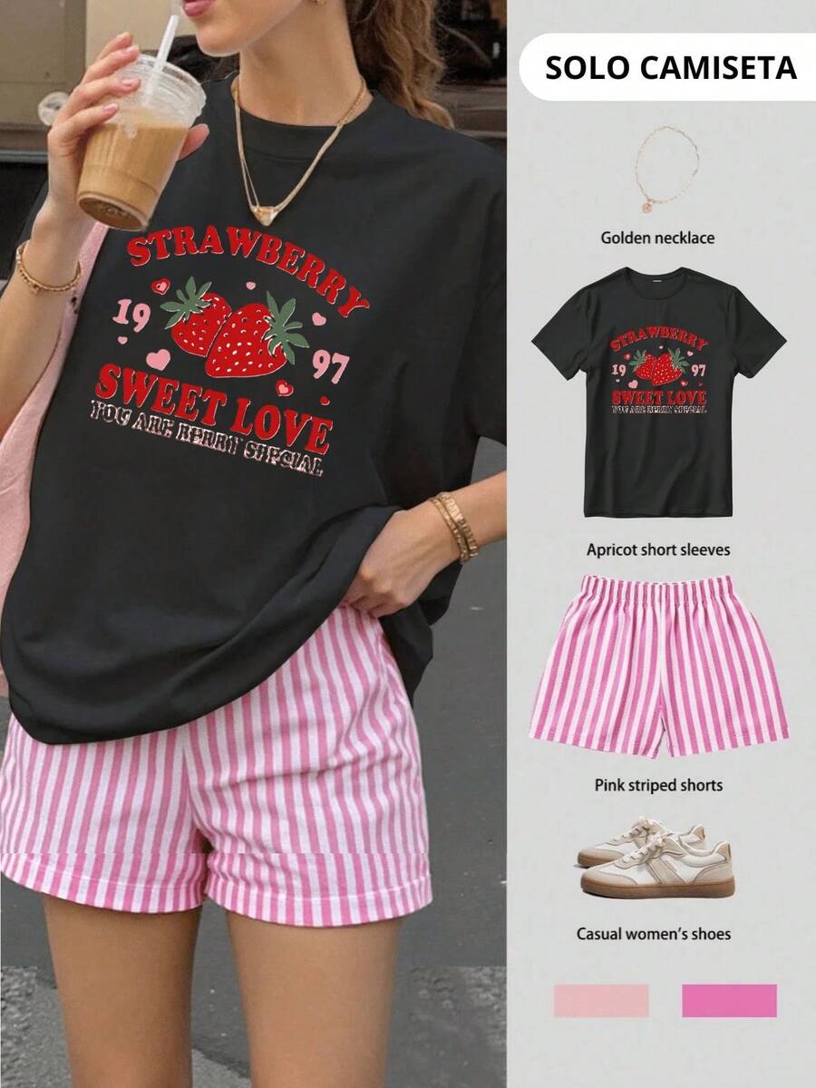 Shendy Vendy Blusa oversize con estampado de fresa y letras verano fresco amigos divertido - Negro - Ver 1