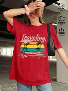Camiseta Oversize CasualTraveling con Estampado Gráfico de Coche Retro Vintage y Atardecer en la Playa para Mujer, Estampado de Palmeras para Viajes de Verano por Carretera, Corte Holgado, Manga Corta, Cuello Redondo, Camiseta Casual de Algodón con Estética de los 90, Uso Diario, Ropa de Moda Mexicana para Mujer, Imprescindible. - Rojo - Ver 6