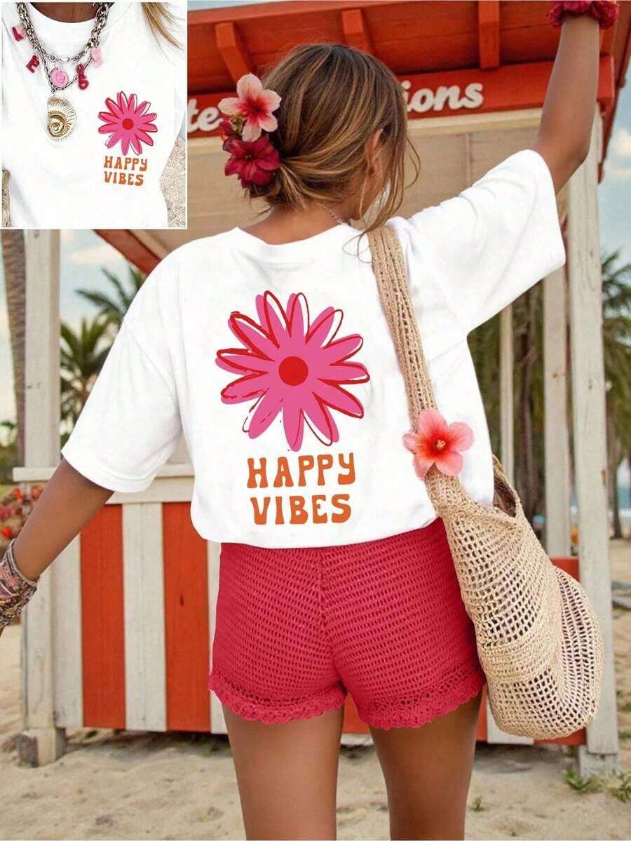 Camiseta de Mujer con Estampado Happy Vibes, Nueva Colección Verano 2026, Suave y Cómoda, Adecuada para Uso Durante Todo el Año, Hecha de Algodón Puro con Mangas Cortas. - Blanco - Ver 1