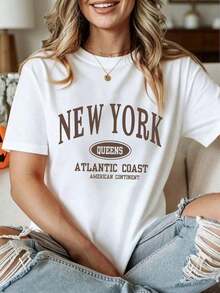 New York Queens Women's T-Shirt - Vintage College Style Oversize White-Vintage Street Style Unisexoose Cotton Short Sleeve Crew Neck T-Shirt - 白色的 - 查看 1