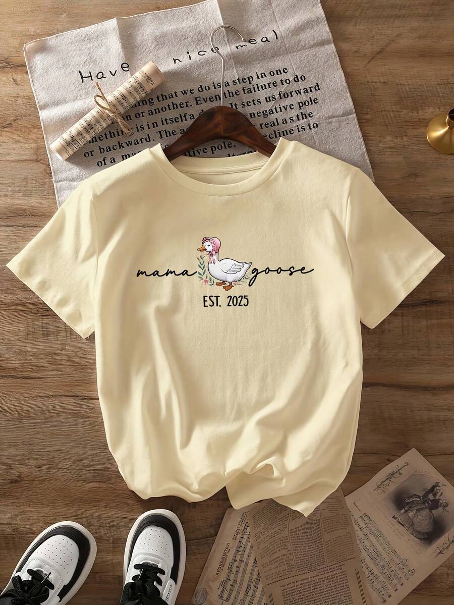 Camiseta Regular Fit para Mujer "Goose Mom" - Bonito estampado de mamá ganso y ganso bebé, suave y casual, de cuello redondo y manga corta, adecuada para el uso diario en primavera y verano, lavable a máquina, la mejor opción para conjuntos casuales de verano. - Albaricoque - Ver 1