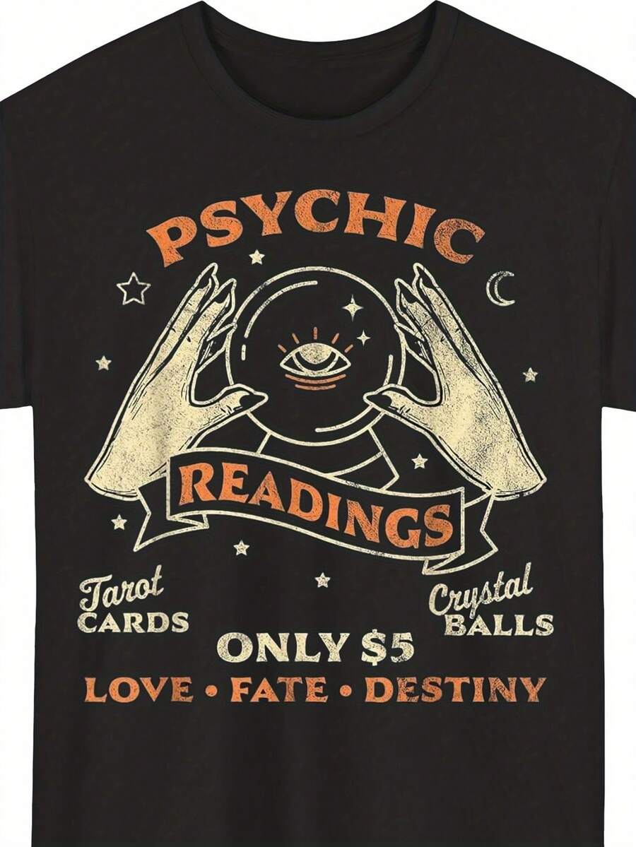 Camiseta vintage con un diseño de adivina, lectura psíquica y bola de cristal.Tiene cuello redondo, mangas cortas y corte regular, adecuada para todas las estaciones.Utiliza impresión digital por transferencia de calor.Camiseta casual para mujer, ideal para uso diario, en casa, en el trabajo y en fiestas. - Negro - Ver 1