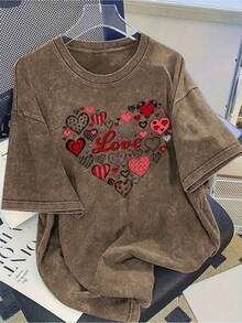 1 camiseta con estampado popular de San Valentín 2026 - Camiseta de algodón lavado de 230 g, camiseta de moda vintage de algodón puro de alta calidad, camiseta para mujer, camiseta popular para uso diario, regalo navideño para seres queridos, regalo perfecto para San Valentín en talla grande, moda urbana, casual y cómoda. 180g 100% Algodón - Negro - Ver 7