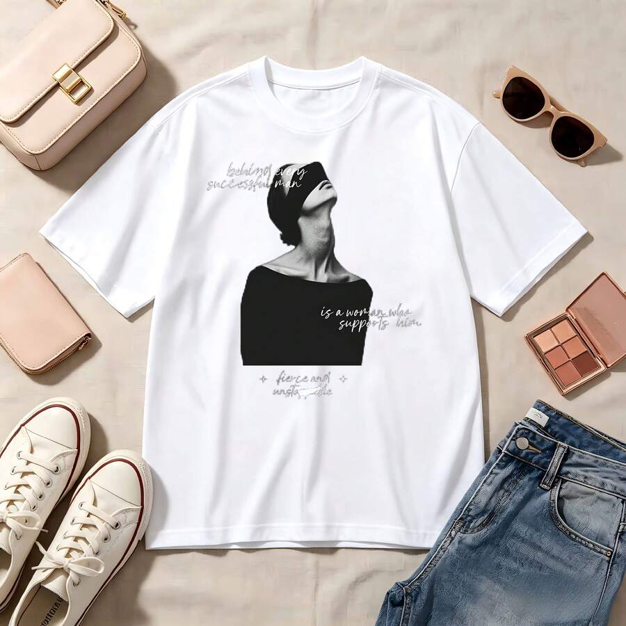 Retro, Vintage, Casual Crewneck, Short Sleeve Top, 100% Cotton, Oversized, Soft Breathable, Streetwear, Summer Vibes, Women's Fashion, Artistic Print, Inspirational Quote, Everyday Wear - Blanco - Ver 1