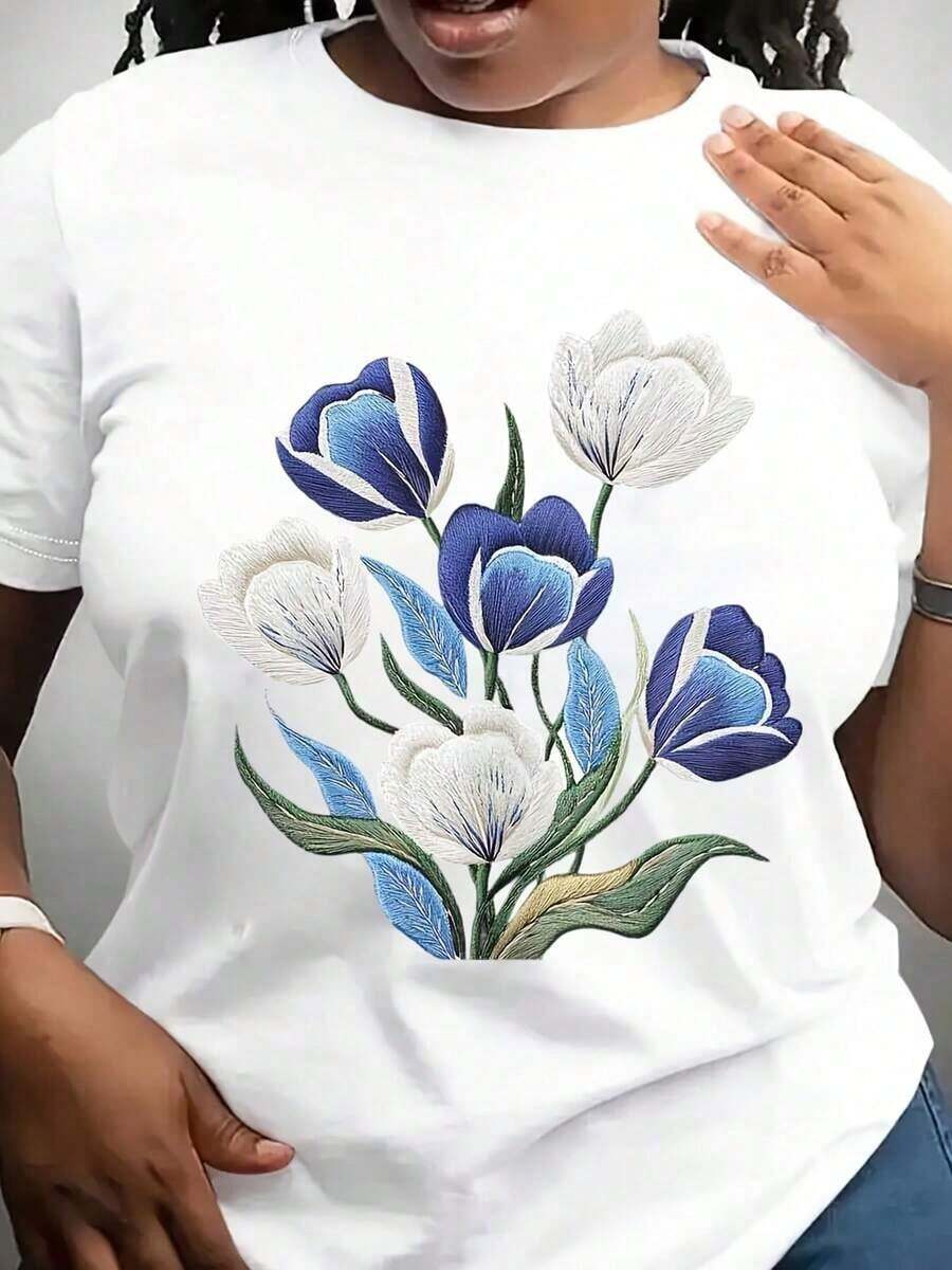 Camiseta Casual para Mujer - Con Estampado Floral de Tulipanes Blancos, Cuello Redondo, Corte Regular, Lavable a Máquina, Top de Primavera Verano - Blanco - Ver 1