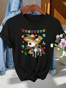 Women's Lightweight "Day Of The Dead" Print T-Shirts, Stylish With Skull Embellishments And A Print Of A Puppy Wearing A Mexican Hat, Round Neck, Short Sleeves, Suitable For Spring, Summer, And Fall. It's A Modern, Versatile, And Retro-Casual Garment For Everyday Wear, Vacations, And Commuting. Available In Multiple Colors, Made Of Cotton, A Popular Choice. - 黑色 - 查看 7