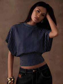 Camiseta de manga de murciélago con cuello redondo a rayas azul marino y blanco, de estilo minimalista retro y elegante, versátil para uso casual, adecuada para fiestas, playa, vacaciones y uso de verano - Negro - Ver 9