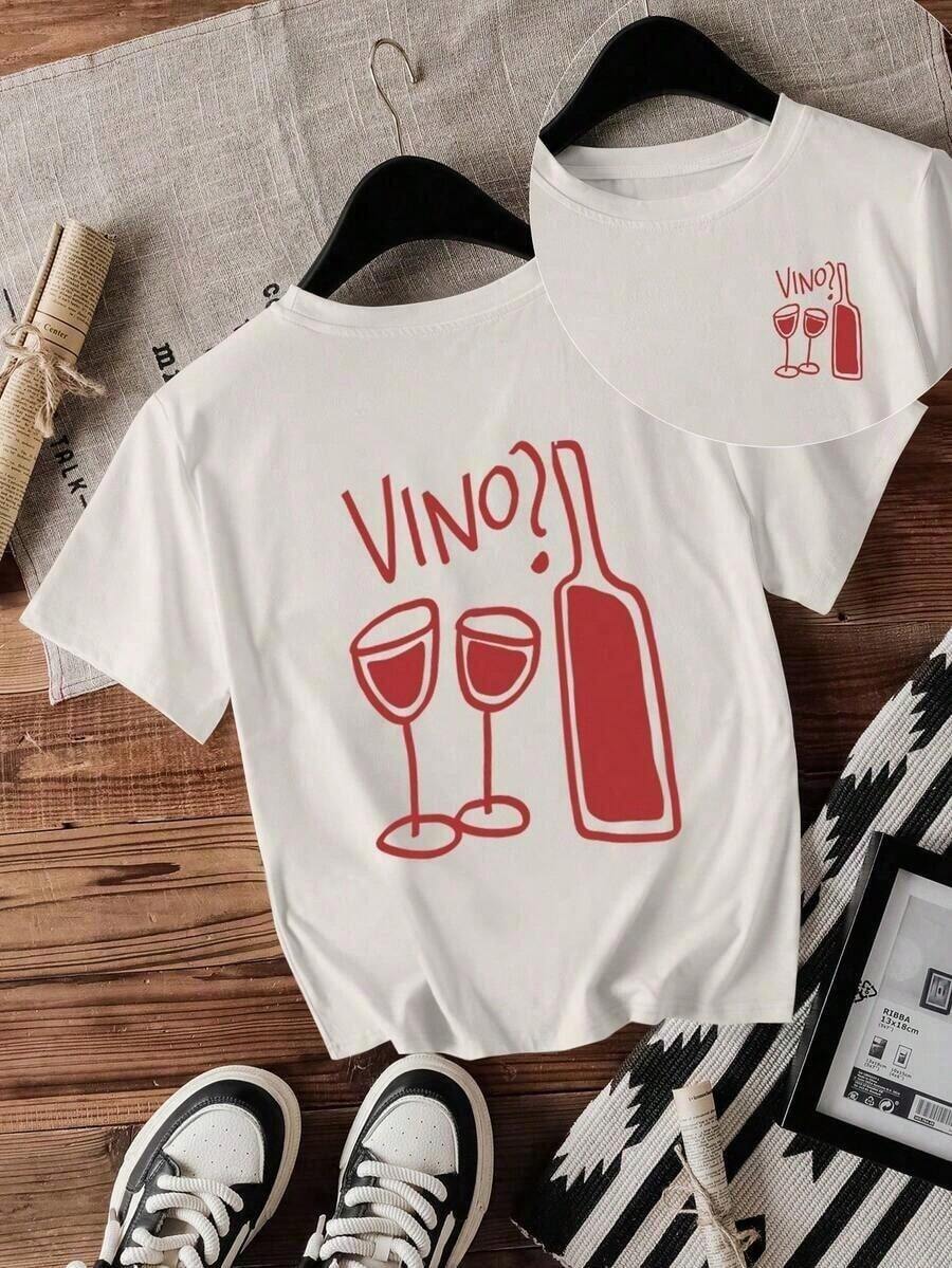 Women's Wine And Cheese Club Print Short Sleeve Crew Neck T-Shirt - Vintage Street Style Unisex Loose Cotton Short Sleeve Crew Neck T-Shirt - 白色 6 - 查看 1