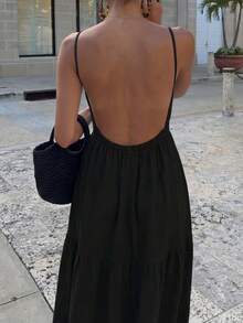 Women's Solid Color Backless Bohemian Wedding Slip Dress - Black - View 5