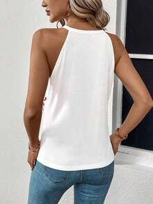 Camiseta de tirantes con cuello halter y estampado floral casual, ajuste ceñido para mujer, adecuada para el verano y el regreso a la escuela - Blanco - Ver 2