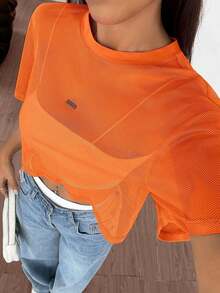 Top de malla negra de manga corta para mujer - Naranja - Ver 4