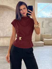 casual y elegante para mujer, camisa para ir al trabajo, blusa color albaricoque, camisa de verano para exteriores, camisa con hebilla metálica en la cintura - Burdeos - Ver 7