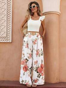 Nuevos pantalones culotte de unicolor melocotón de cintura alta, estilo elegante adecuado para uso diario y laboral, temporada de graduación, festival de música, carreras de derby, Día de la Independencia - Blanco - Ver 6