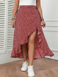 Falda casual de verano para mujer de talla grande con diseño de cintura alta, estampado floral diminuto y largo en la parte trasera, ideal para bodas, vacaciones y resorts de estilo bohemio - Rojo - Ver 7