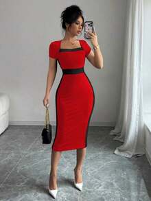 Vestido ajustado de cuello cuadrado con bloques de color para mujer - Rojo - Ver 1