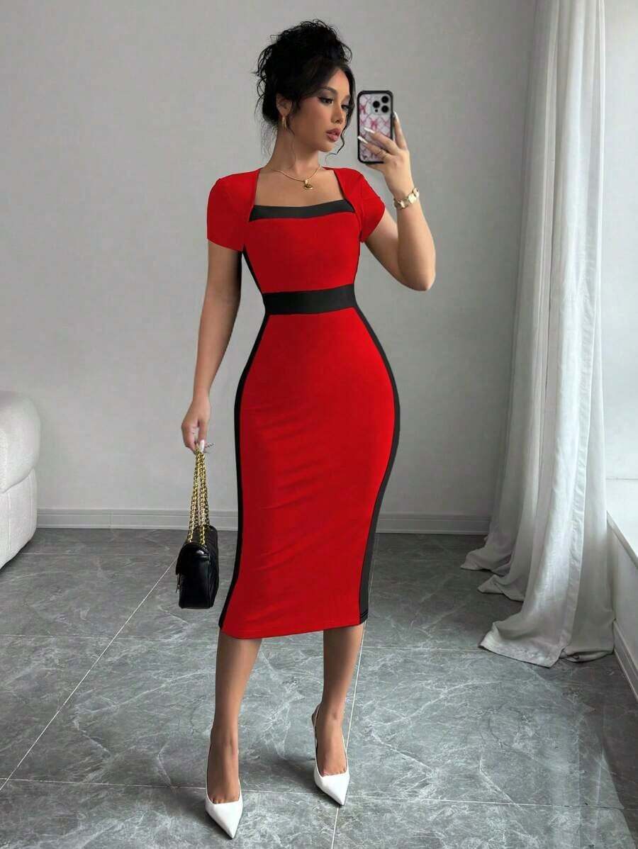 Vestido ajustado de cuello cuadrado con bloques de color para mujer - Rojo - Ver 1