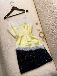 Camiseta de mujer elegante, de estilo minimalista, lujosa y retro, con diseño de encaje cruzado, satén brillante, de estilo casual y romántico para primavera/verano, de color amarillo, suelta y cómoda para uso diario - Amarillo - Ver 10