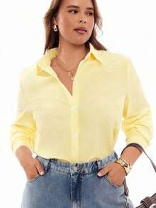 Camisa de manga larga con cuello vuelto y botones para mujer de talla grande, elegante camisa blanca de otoño - Amarillo claro - Ver 1