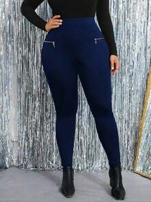 Pantalones pitillo elásticos de unicolor con cremallera decorativa, para uso casual diario en talla grande - Azul marino - Ver 5