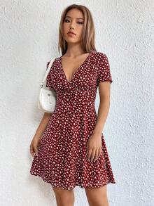 Vestido De Manga Corta Para Mujer Con Estampado Floral - Rojo - Ver 8