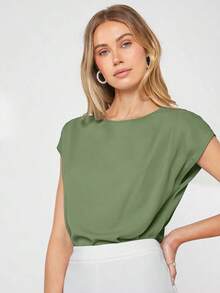 Blusa de mujer con mangas de murciélago asimétricas, de unicolor, estilo básico urbano de viaje, moda elegante y sencilla para negocios casuales, adecuada para maestras y uso en la oficina - Verde - Ver 7