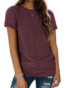 2026 Nueva Moda en Ropa OUTBALL Camisetas de Manga Corta para Mujer, Cuello Redondo, Tops Básicos de Moda, Corte Holgado, Ropa Casual de Verano, Prendas Suaves - rojo oscuro - Ver 1