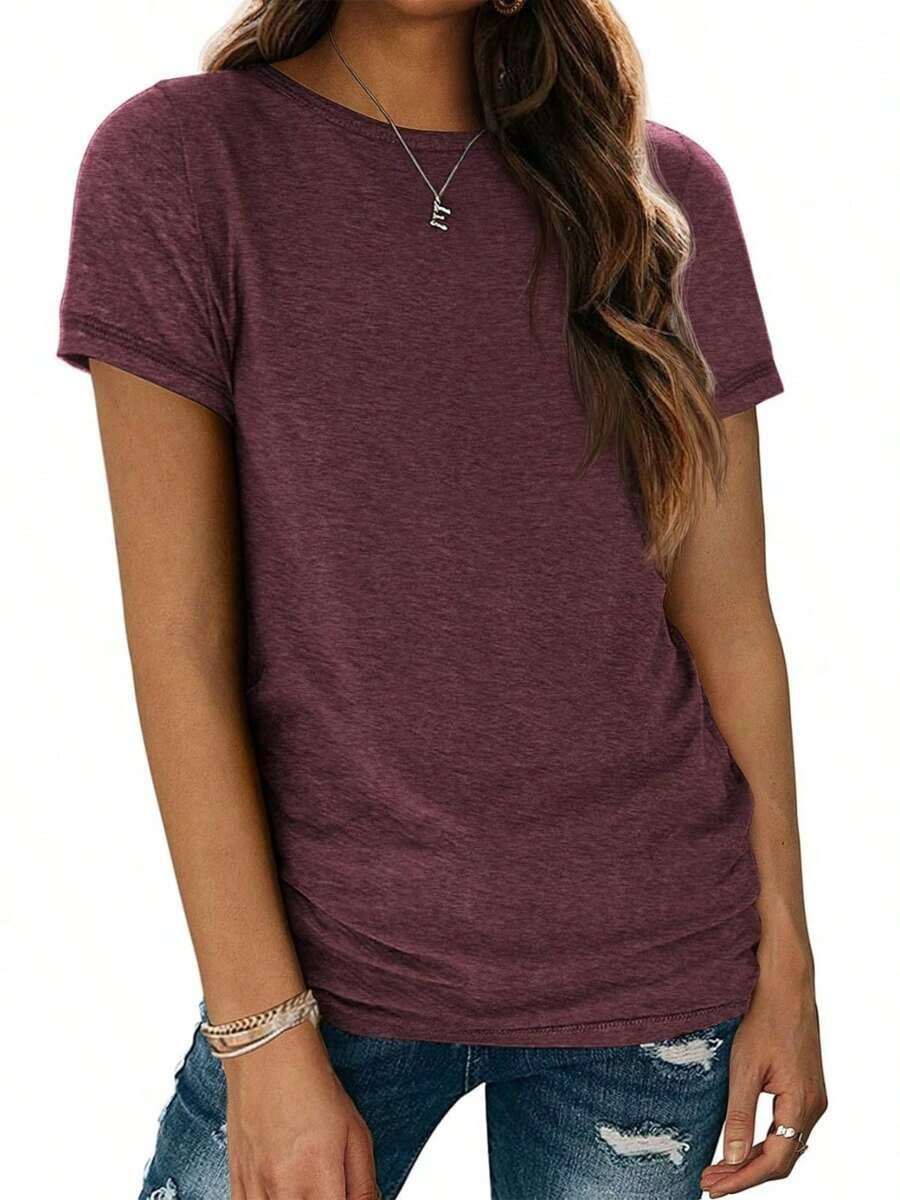 2026 Nueva Moda en Ropa OUTBALL Camisetas de Manga Corta para Mujer, Cuello Redondo, Tops Básicos de Moda, Corte Holgado, Ropa Casual de Verano, Prendas Suaves - rojo oscuro - Ver 1