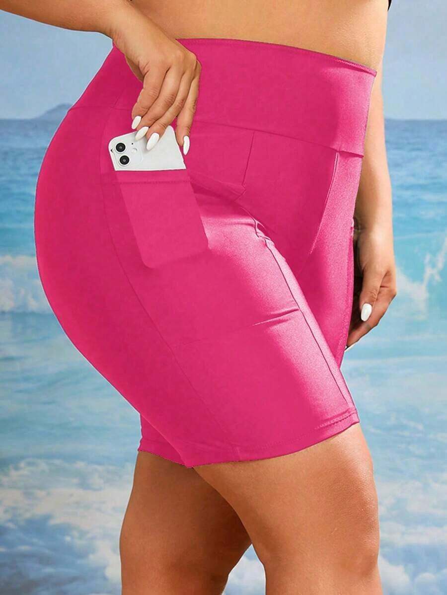 Swim Bottom de bikini de cintura ancha con bolsillo para teléfono - Rosa Fucsia - Ver 1