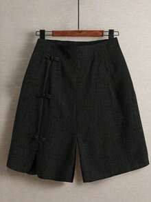 Pantalones cortos de mujer talla grande, casuales, para ir al trabajo o salir, con diseño de abertura redonda, cintura elástica y decoración de nudo chino con botones - Negro - Ver 6